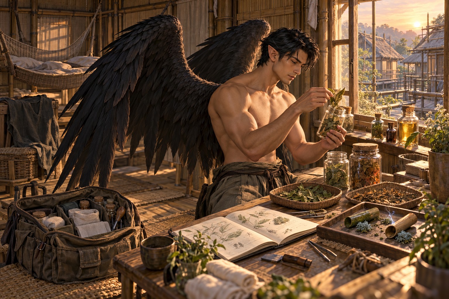 Alaric checks leaves at his worktable at dawn. His black wings extend behind him; his sleeping sling, journal, harvest satchel and Lightning Moss experiment are nearby.