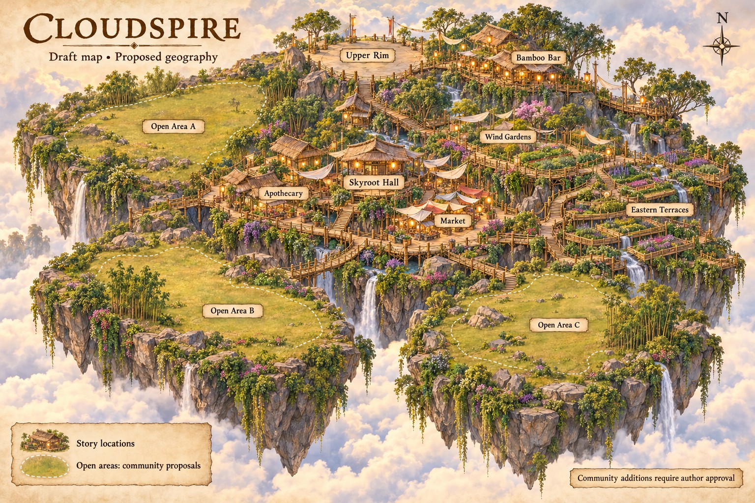 Provisional illustrated map of Cloudspire, showing bamboo buildings, terraces and open areas. The apothecary placement awaits revision.