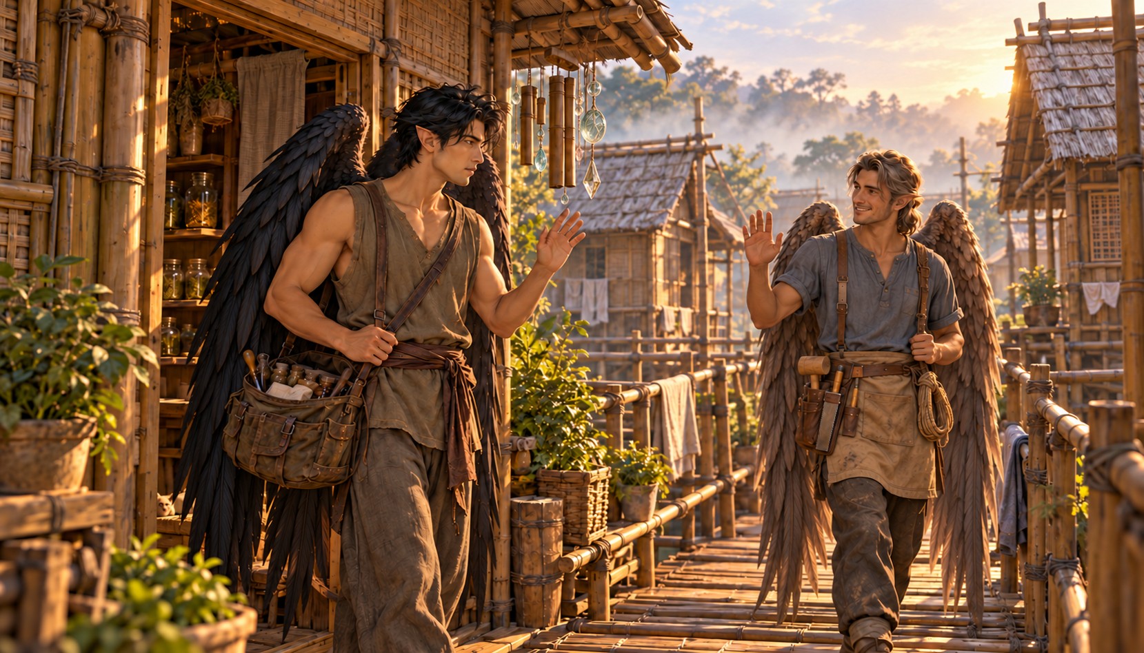 Alaric greets an unnamed bamboo walkway repairer on Reedwind Walk. Both have long folded wings. Glass and bamboo chimes hang at the apothecary doorway.